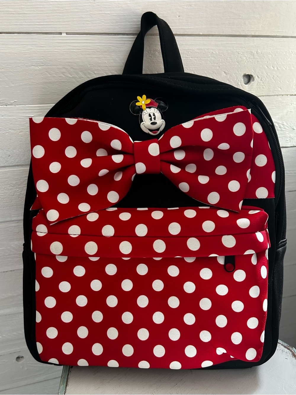 Disney Minnie Mouse black and Red Polka Dot Backpack with Bow. EUC